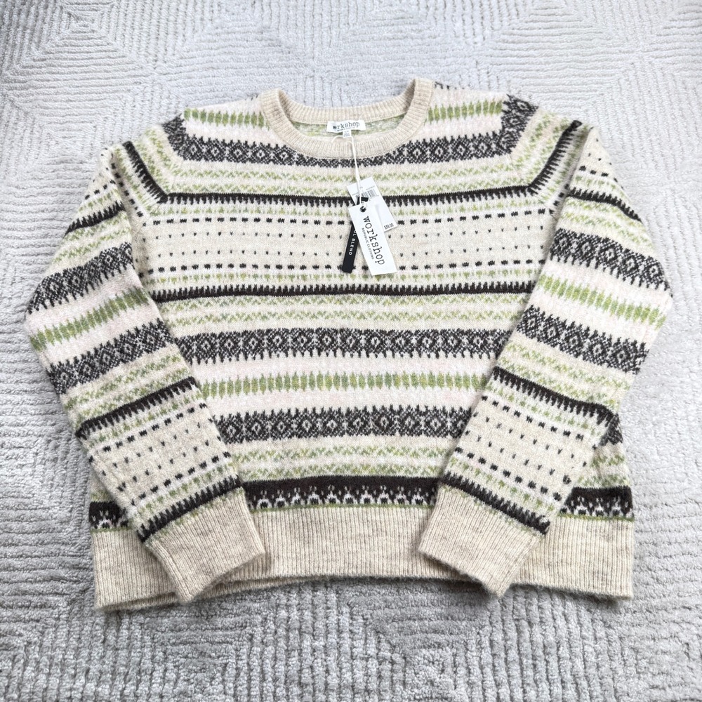 Workshop Fair Isle Sweater Women's Large Beige Wool Blend Nordic NWT Cottagecore